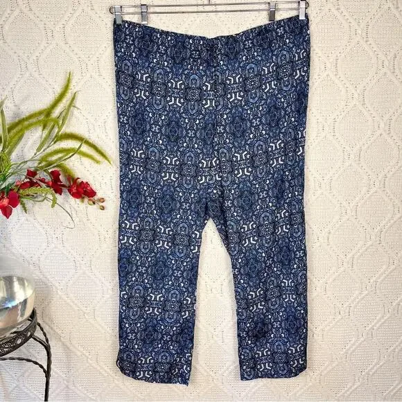 NWT CALVIN KLEIN | Blue Geometric Print Drawstring Satin Straight Leg Pants - Picture 1 of 8